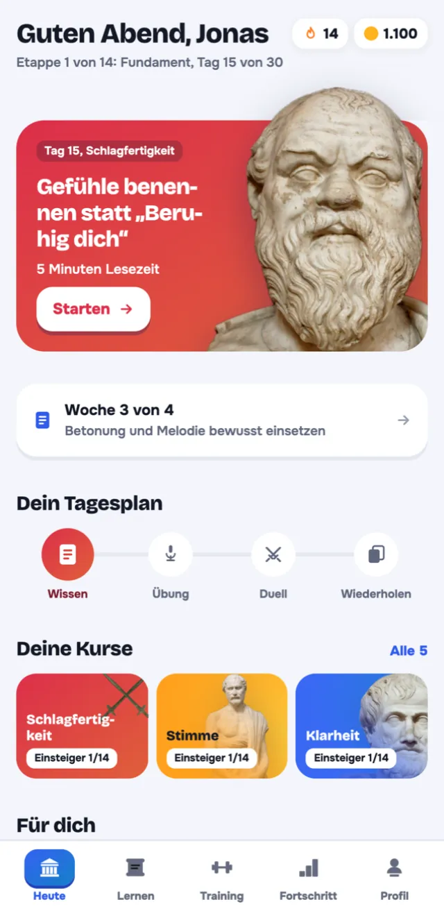 App-Bildschirm Heute mit Lektion des Tages, Tagesplan und Kursen